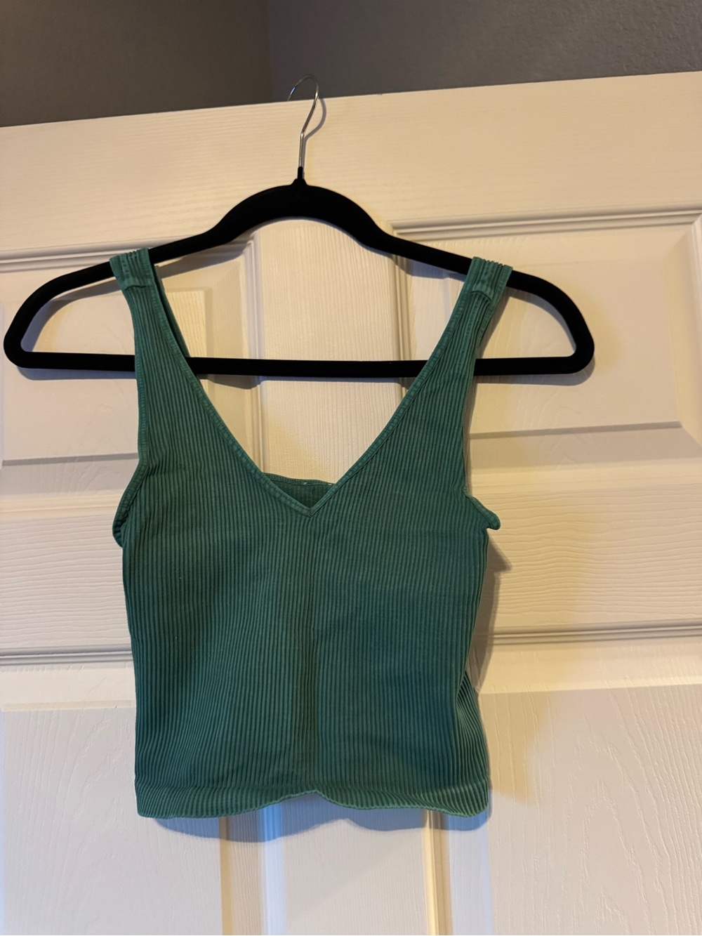 Green Ribbed V-Neck Tank Top